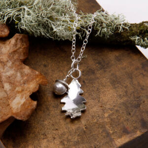 Oak leaf and pearl acorn silver necklace