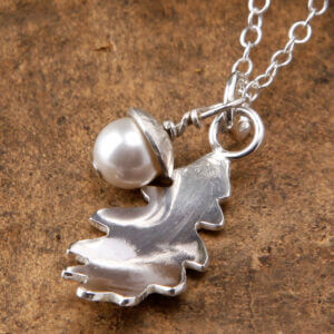 Oak leaf and pearl acorn silver necklace